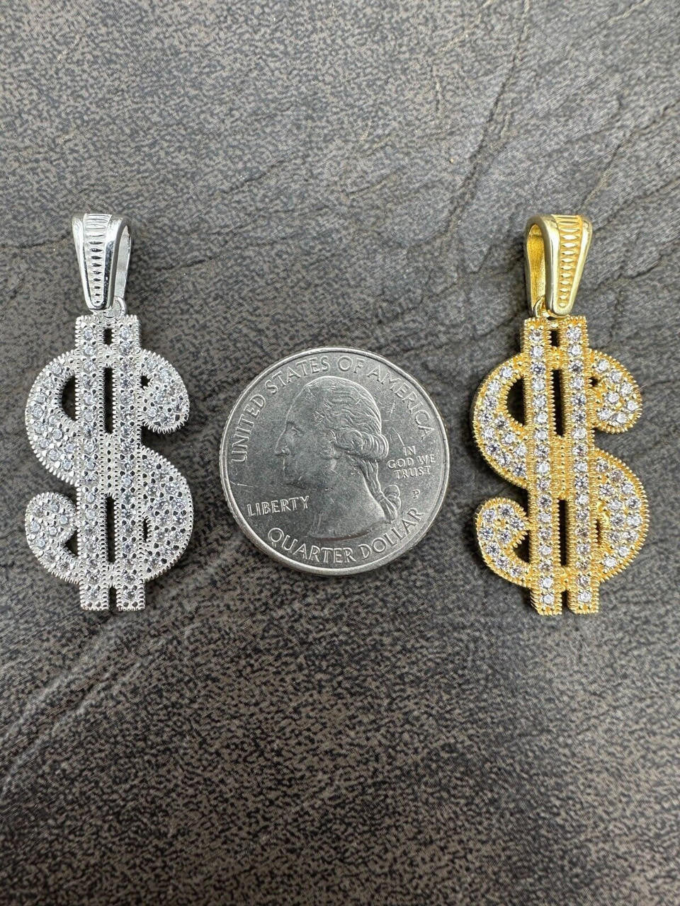 Real 925 Silver Gold Plated Iced Dollar $ Sign Money Hip Hop Pendant CZ Necklace