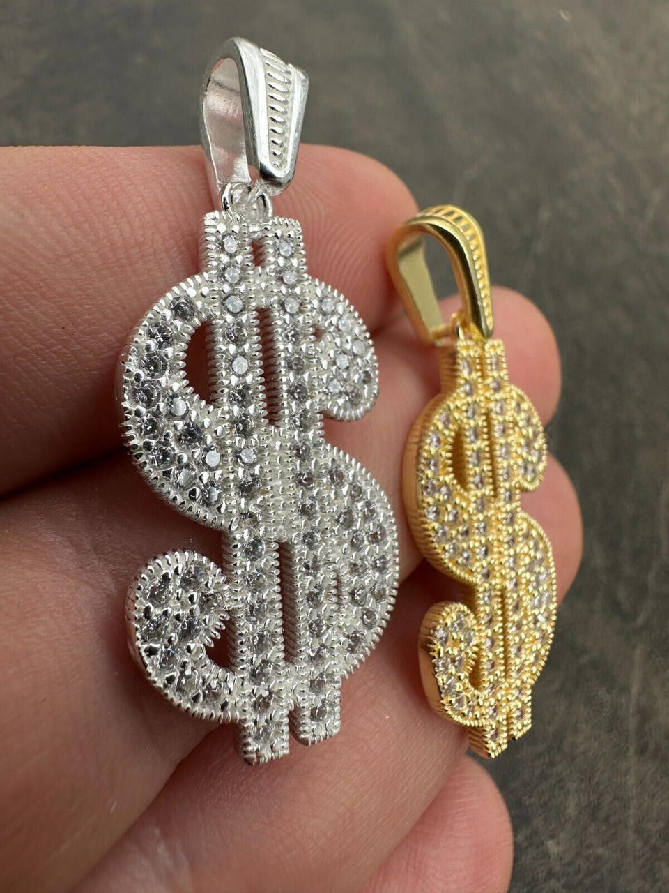 Real 925 Silver Gold Plated Iced Dollar $ Sign Money Hip Hop Pendant CZ Necklace