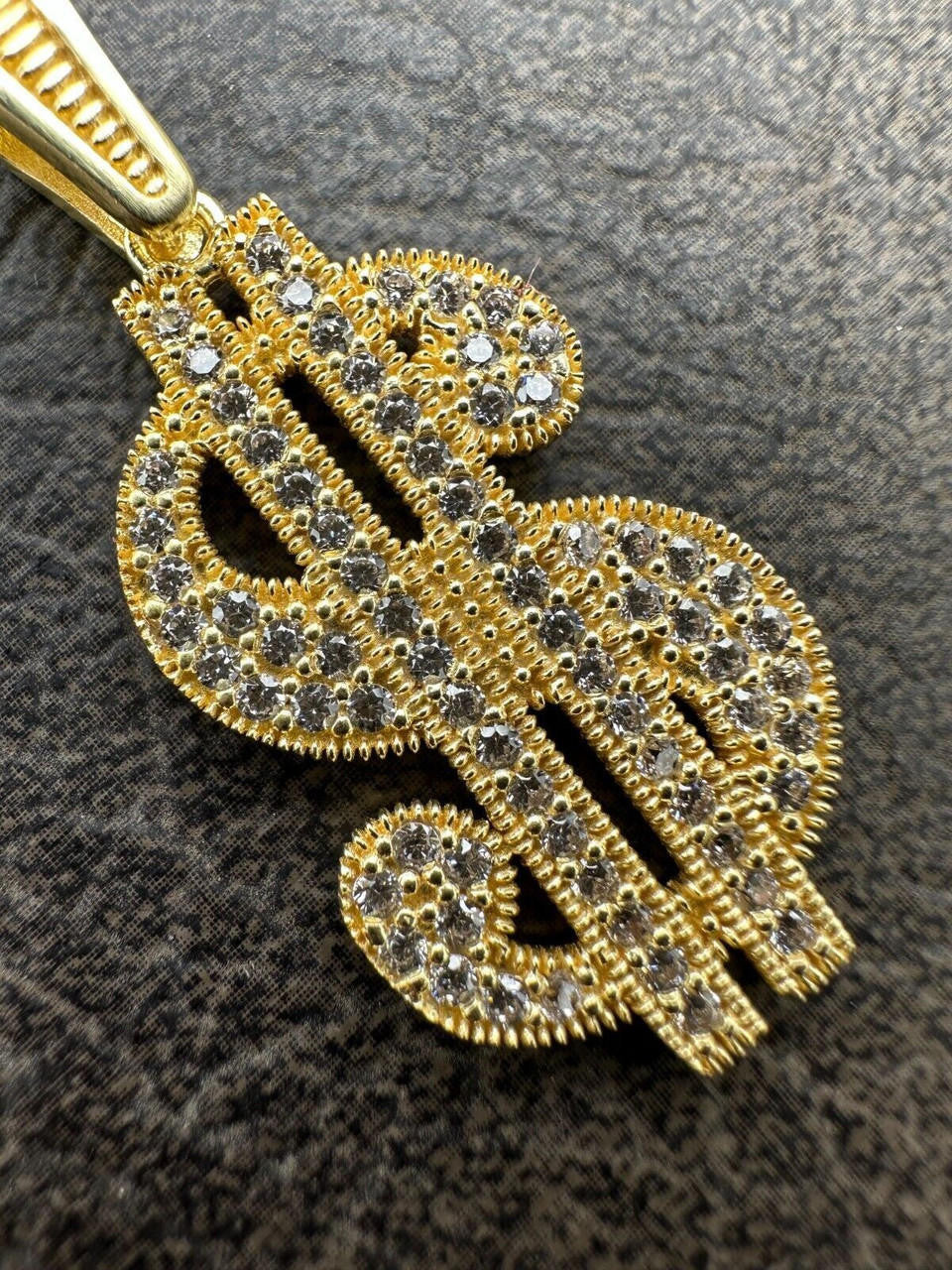 Real 925 Silver Gold Plated Iced Dollar $ Sign Money Hip Hop Pendant CZ Necklace