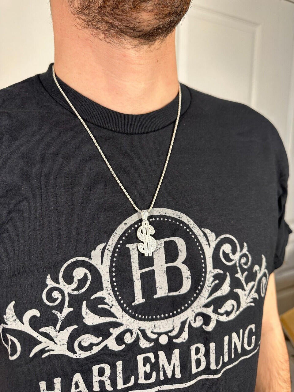 Real 925 Silver Gold Plated Iced Dollar $ Sign Money Hip Hop Pendant CZ Necklace