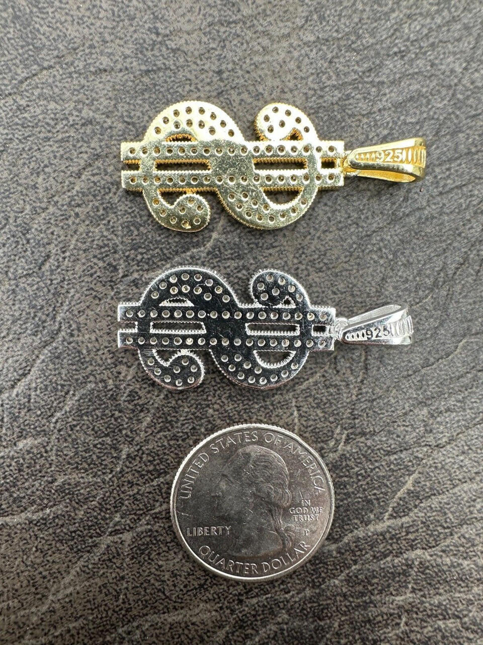 Real 925 Silver Gold Plated Iced Dollar $ Sign Money Hip Hop Pendant CZ Necklace