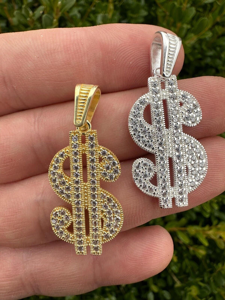 Real 925 Silver Gold Plated Iced Dollar $ Sign Money Hip Hop Pendant CZ Necklace