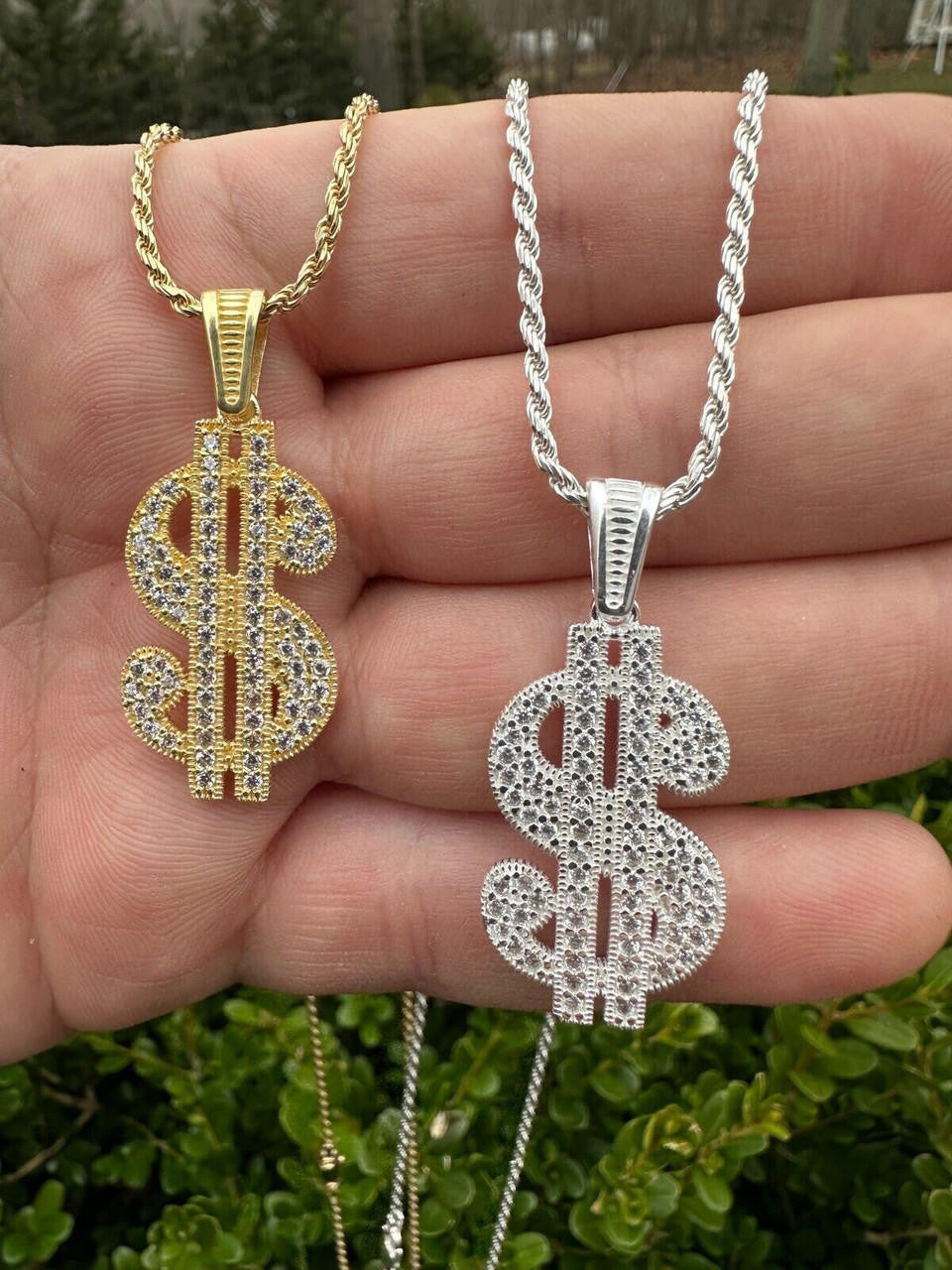 Real 925 Silver Gold Plated Iced Dollar $ Sign Money Hip Hop Pendant CZ Necklace