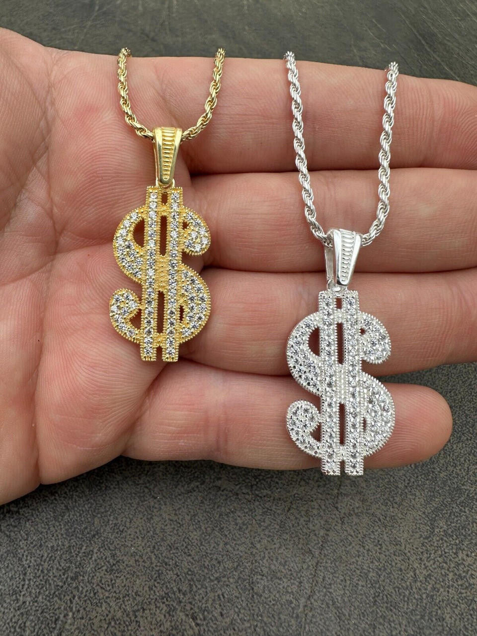 Real 925 Silver Gold Plated Iced Dollar $ Sign Money Hip Hop Pendant CZ Necklace
