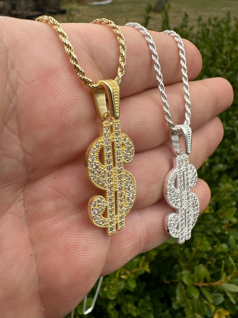Real 925 Silver Gold Plated Iced Dollar $ Sign Money Hip Hop Pendant CZ Necklace