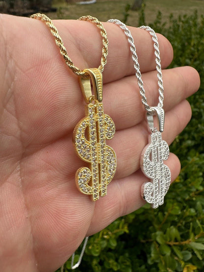 Real 925 Silver Gold Plated Iced Dollar $ Sign Money Hip Hop Pendant CZ Necklace