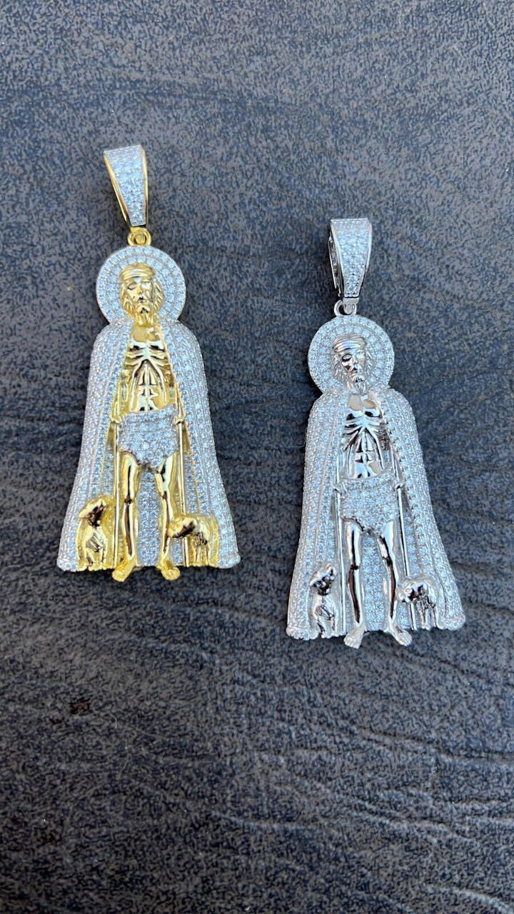 Real 925 Silver / Gold Saint St Lazarus Iced CZ Necklace Pendant Hip Hop Mens 2"