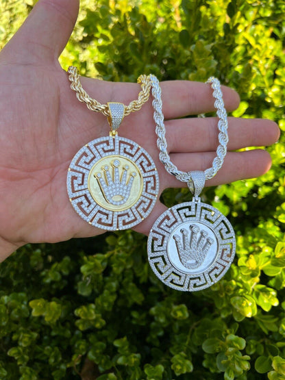 Real 925 Silver Iced Hip Hop Diamond King Crown Medallion Pendant Necklace Gold