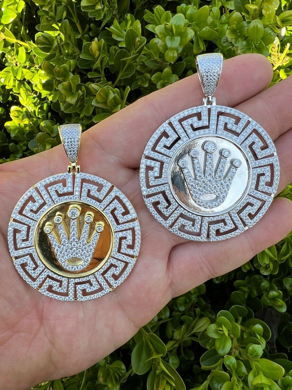 Real 925 Silver Iced Hip Hop Diamond King Crown Medallion Pendant Necklace Gold