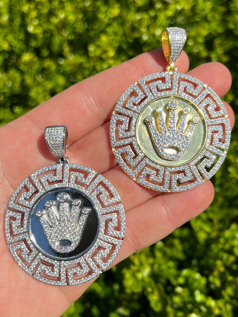 Real 925 Silver Iced Hip Hop Diamond King Crown Medallion Pendant Necklace Gold
