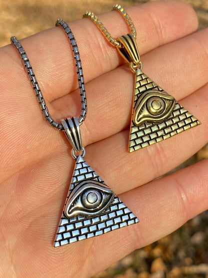 Real 925 Silver Illuminati All Seeing Eye Egyptian Pyramid Pendant Gold Necklace