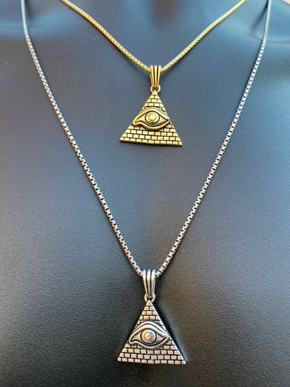 Real 925 Silver Illuminati All Seeing Eye Egyptian Pyramid Pendant Gold Necklace