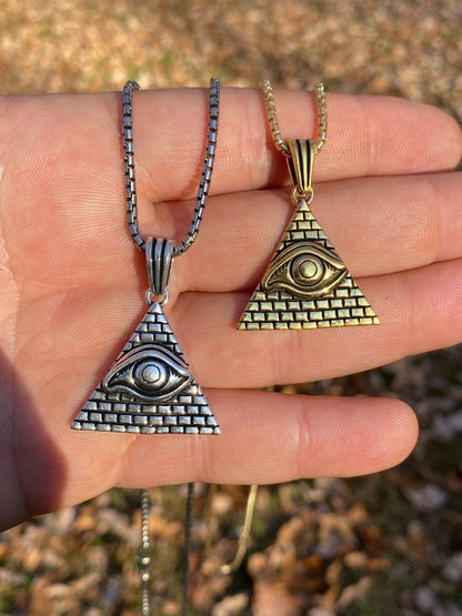 Real 925 Silver Illuminati All Seeing Eye Egyptian Pyramid Pendant Gold Necklace