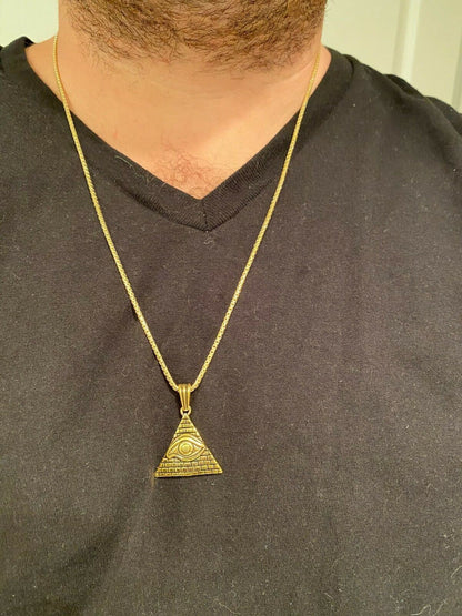 Real 925 Silver Illuminati All Seeing Eye Egyptian Pyramid Pendant Gold Necklace