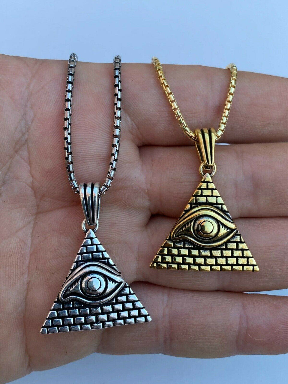 Real 925 Silver Illuminati All Seeing Eye Egyptian Pyramid Pendant Gold Necklace