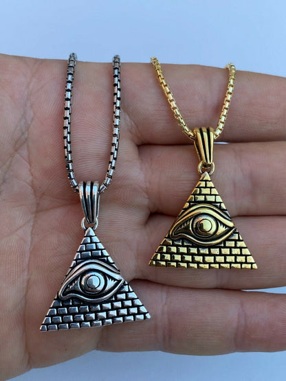Real 925 Silver Illuminati All Seeing Eye Egyptian Pyramid Pendant Gold Necklace