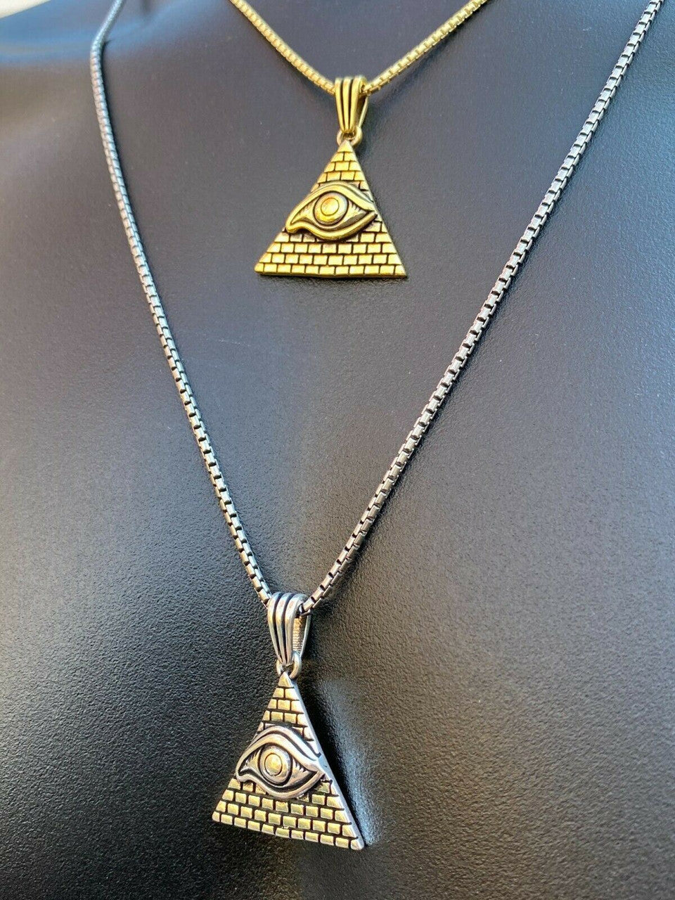 Real 925 Silver Illuminati All Seeing Eye Egyptian Pyramid Pendant Gold Necklace