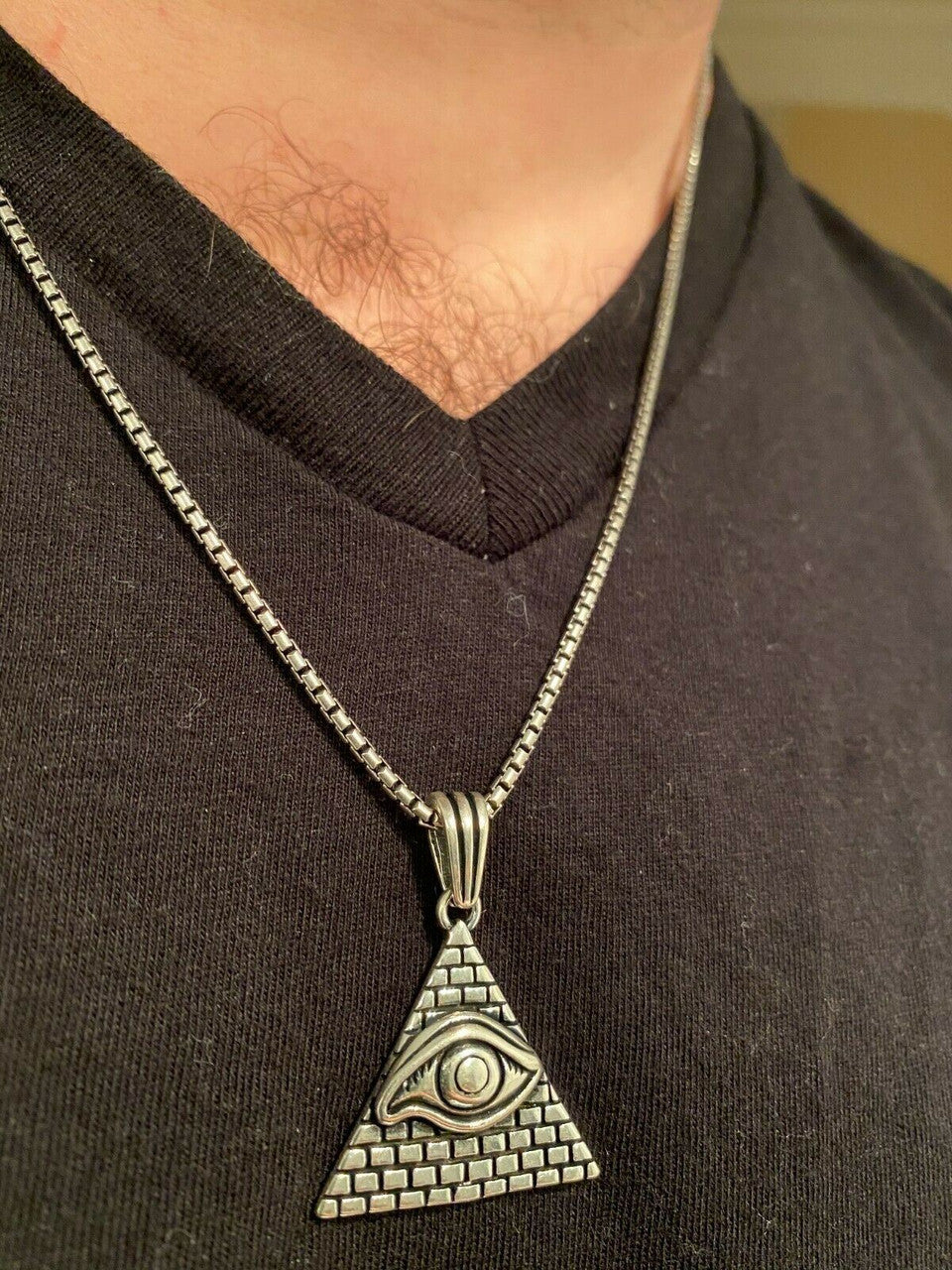 Real 925 Silver Illuminati All Seeing Eye Egyptian Pyramid Pendant Gold Necklace