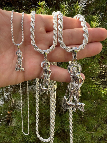 Real 925 Silver Saint St Lazarus Necklace Pendant Plain 1"-2.75" San Lazaro Mens