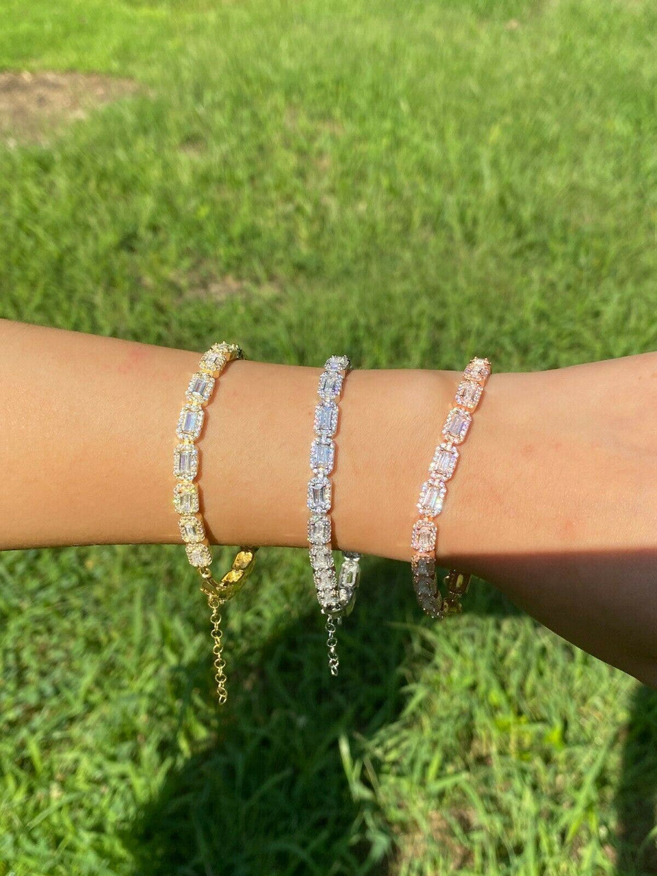 Real 925 Silver / Yellow Rose Gold Baguette CZ Crystal Tennis Halo Bracelet 6mm