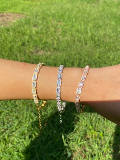 Real 925 Silver / Yellow Rose Gold Baguette CZ Crystal Tennis Halo Bracelet 6mm
