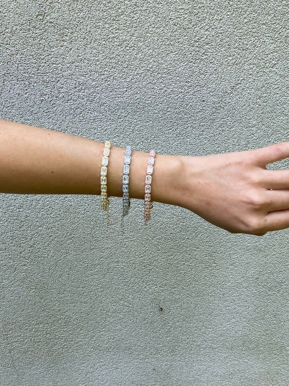 Real 925 Silver / Yellow Rose Gold Baguette CZ Crystal Tennis Halo Bracelet 6mm