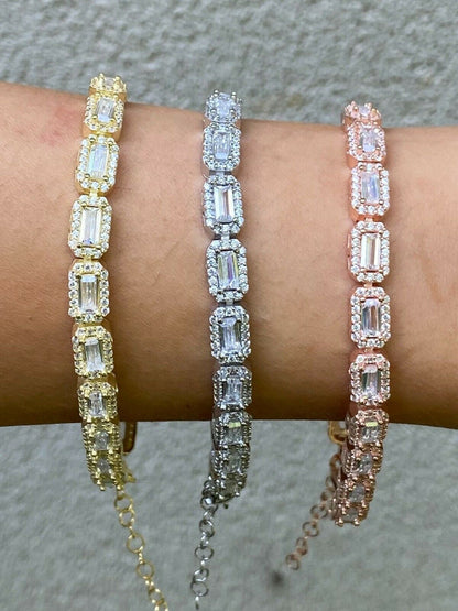 Real 925 Silver / Yellow Rose Gold Baguette CZ Crystal Tennis Halo Bracelet 6mm