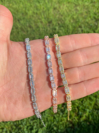 Real 925 Silver / Yellow Rose Gold Baguette CZ Crystal Tennis Halo Bracelet 6mm