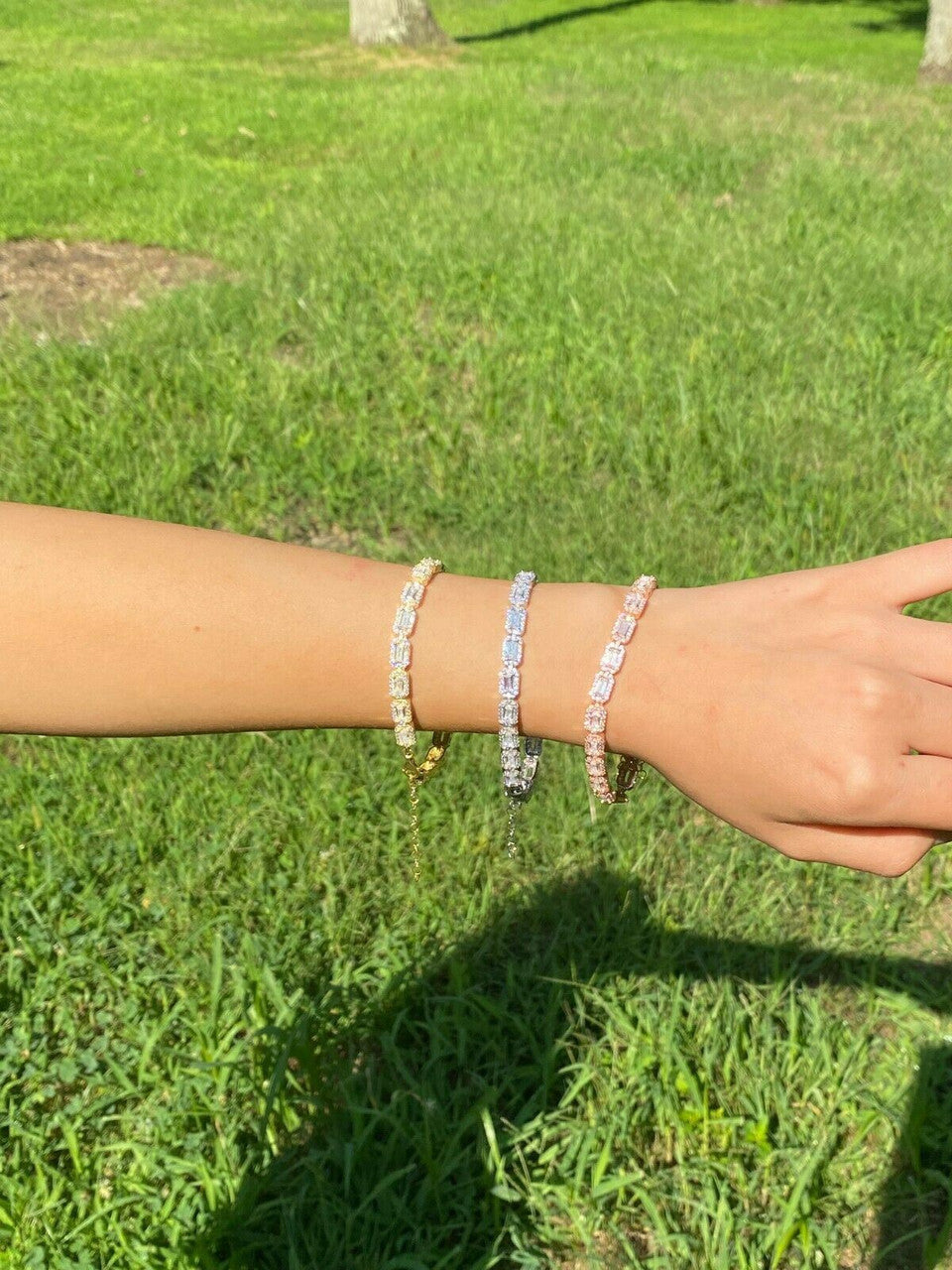 Real 925 Silver / Yellow Rose Gold Baguette CZ Crystal Tennis Halo Bracelet 6mm