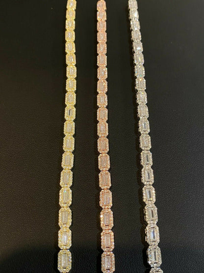 Real 925 Silver / Yellow Rose Gold Baguette CZ Crystal Tennis Halo Bracelet 6mm