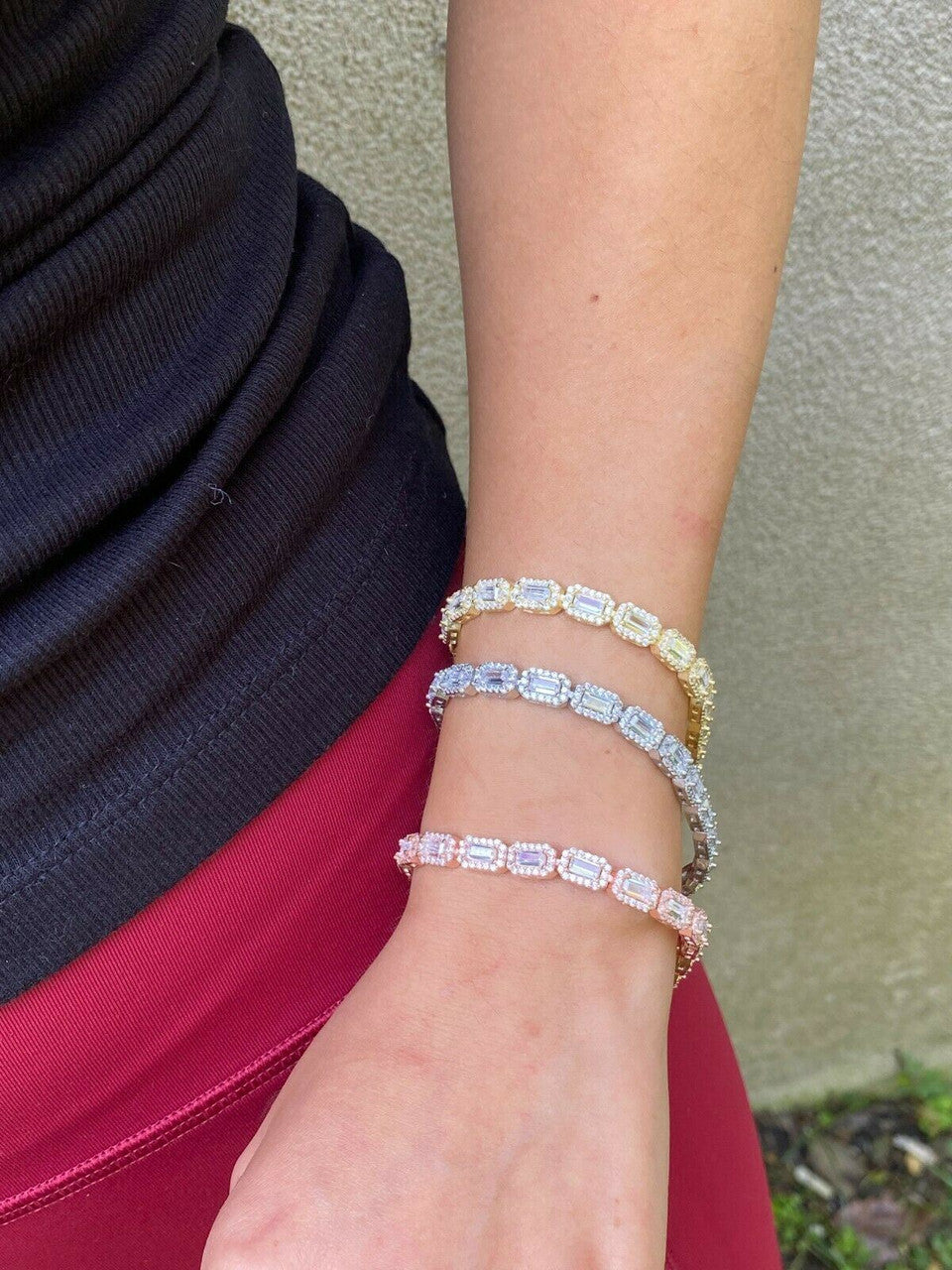 Real 925 Silver / Yellow Rose Gold Baguette CZ Crystal Tennis Halo Bracelet 6mm