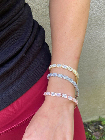 Real 925 Silver / Yellow Rose Gold Baguette CZ Crystal Tennis Halo Bracelet 6mm