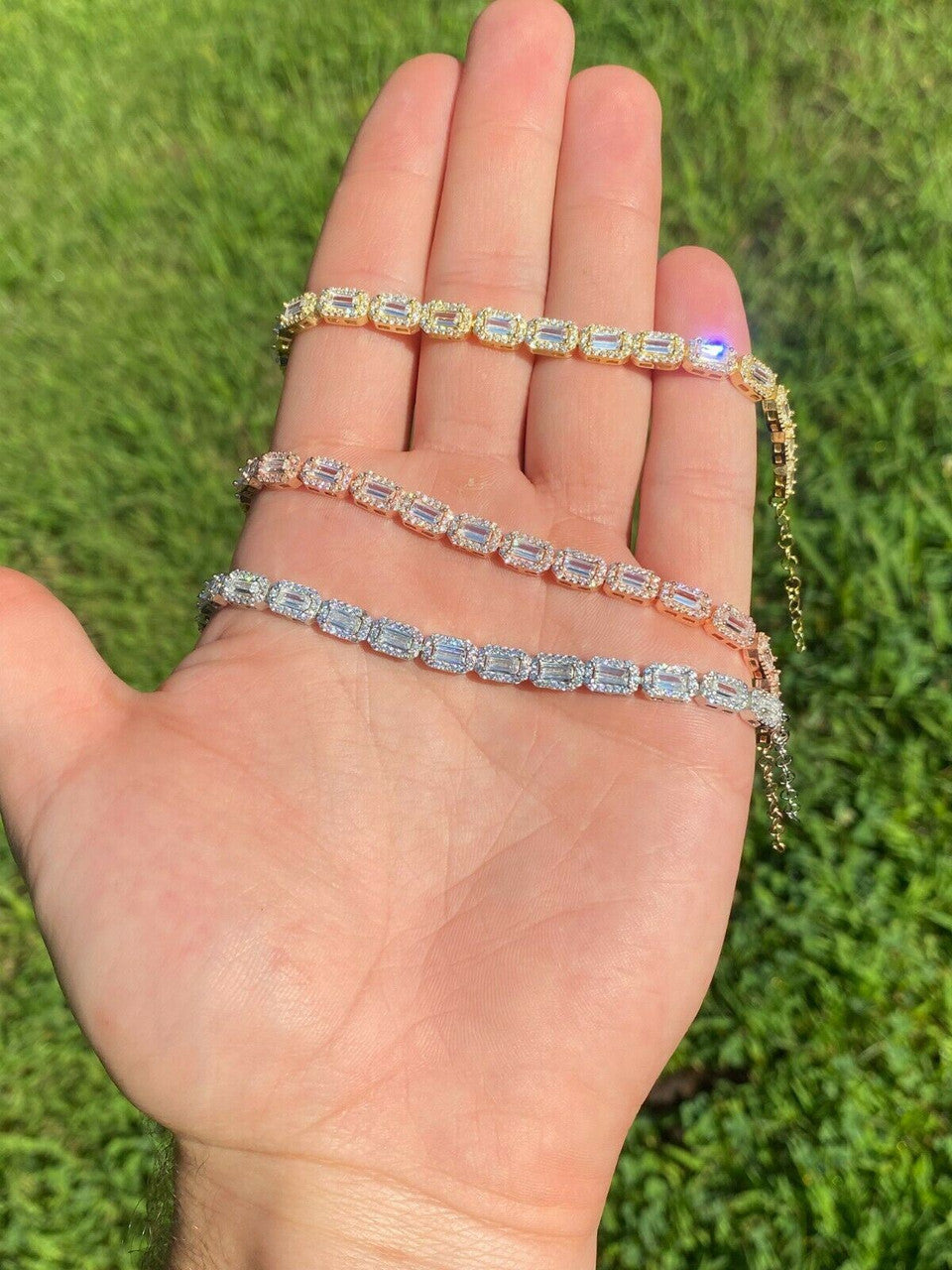 Real 925 Silver / Yellow Rose Gold Baguette CZ Crystal Tennis Halo Bracelet 6mm