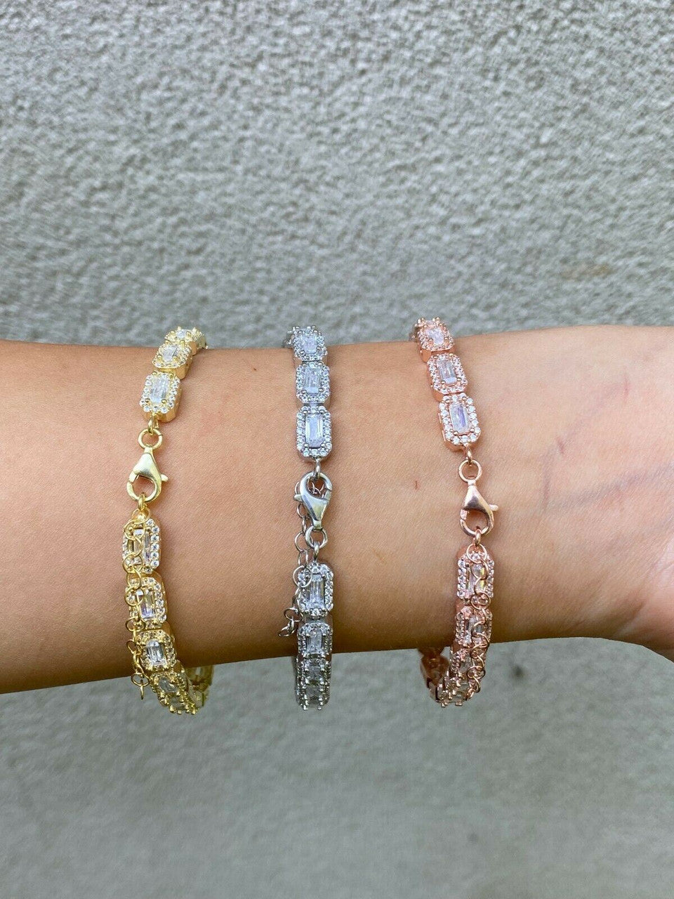 Real 925 Silver / Yellow Rose Gold Baguette CZ Crystal Tennis Halo Bracelet 6mm