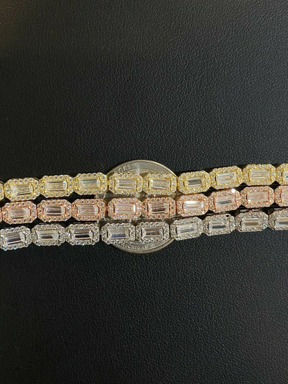 Real 925 Silver / Yellow Rose Gold Baguette CZ Crystal Tennis Halo Bracelet 6mm