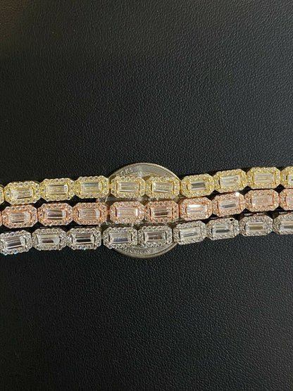 Real 925 Silver / Yellow Rose Gold Baguette CZ Crystal Tennis Halo Bracelet 6mm