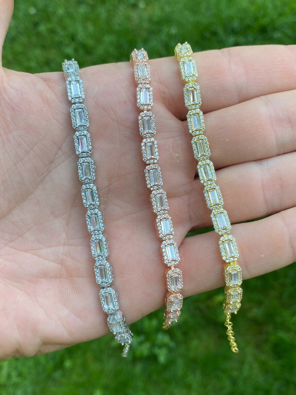 Real 925 Silver / Yellow Rose Gold Baguette CZ Crystal Tennis Halo Bracelet 6mm