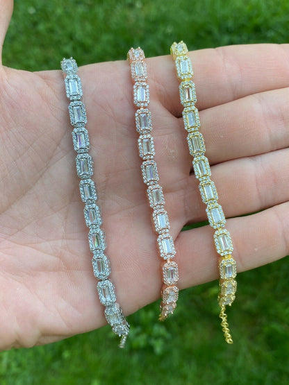 Real 925 Silver / Yellow Rose Gold Baguette CZ Crystal Tennis Halo Bracelet 6mm