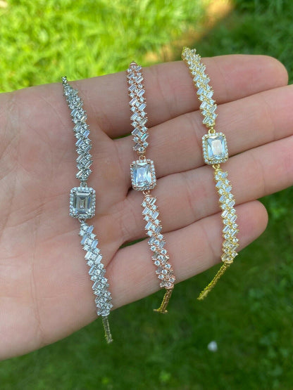 Real 925 Silver Yellow Rose Gold Emerald Cut Large CZ Baguette Crystal Bracelet