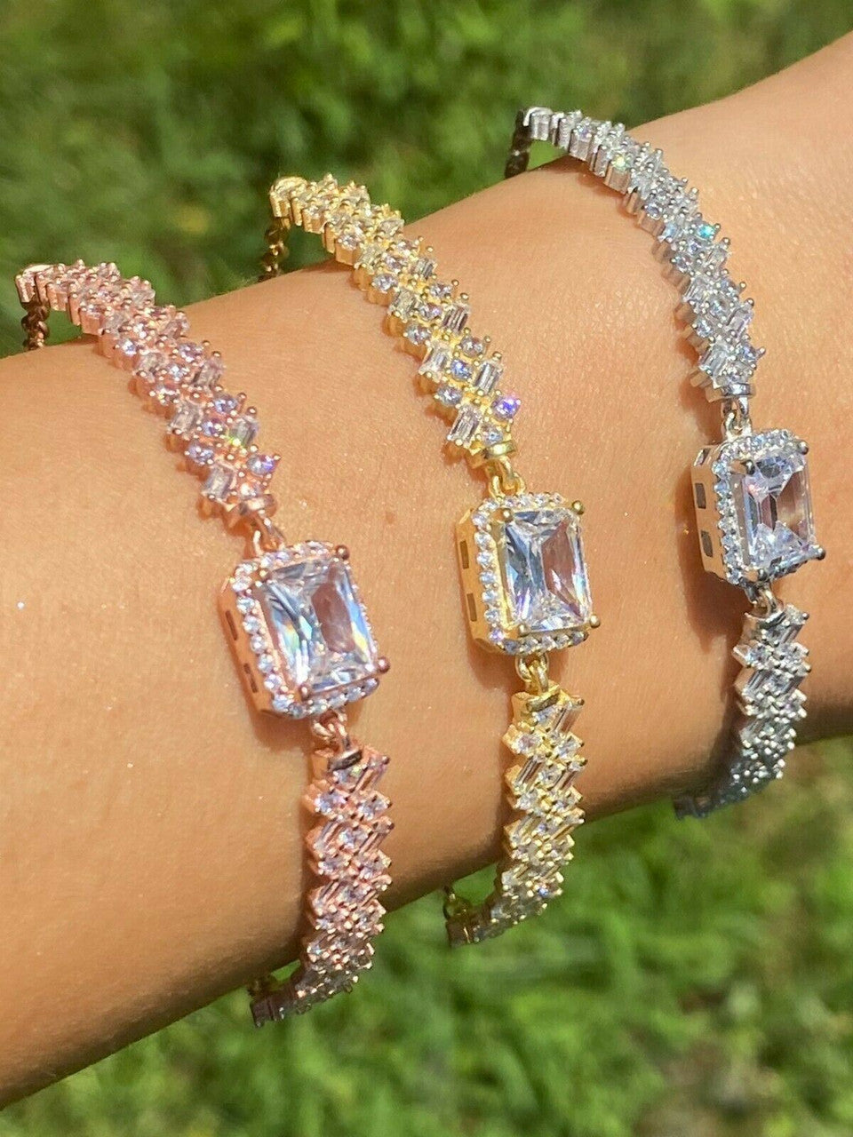 Real 925 Silver Yellow Rose Gold Emerald Cut Large CZ Baguette Crystal Bracelet