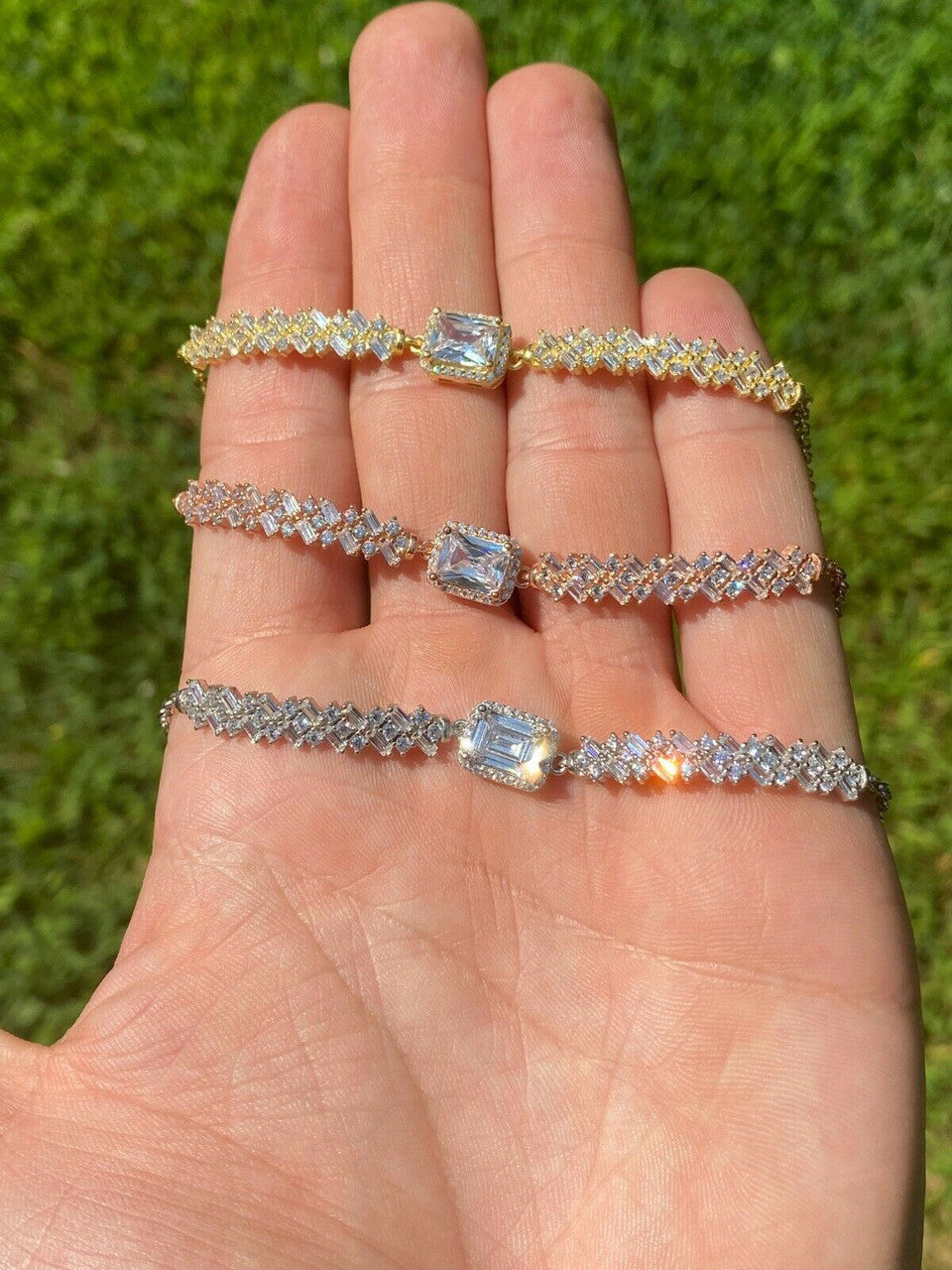 Real 925 Silver Yellow Rose Gold Emerald Cut Large CZ Baguette Crystal Bracelet