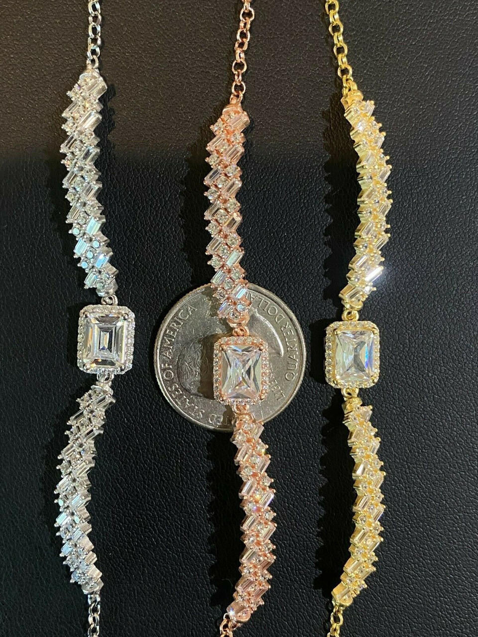 Real 925 Silver Yellow Rose Gold Emerald Cut Large CZ Baguette Crystal Bracelet