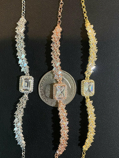 Real 925 Silver Yellow Rose Gold Emerald Cut Large CZ Baguette Crystal Bracelet