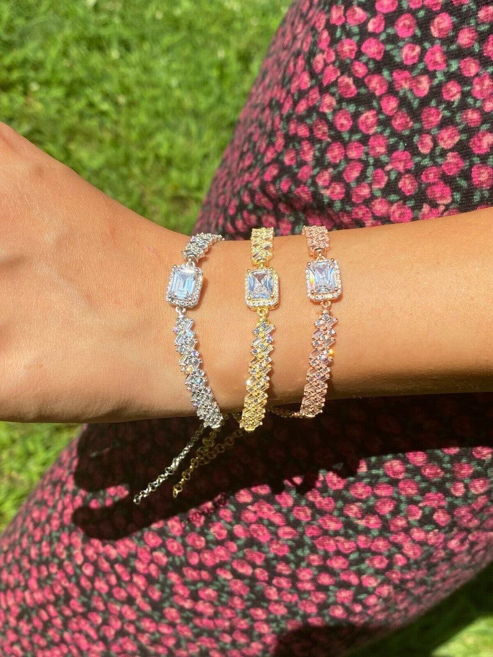 Real 925 Silver Yellow Rose Gold Emerald Cut Large CZ Baguette Crystal Bracelet