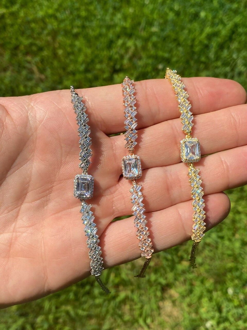 Real 925 Silver Yellow Rose Gold Emerald Cut Large CZ Baguette Crystal Bracelet