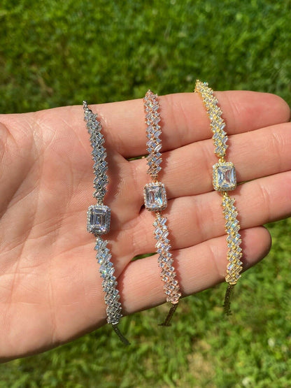 Real 925 Silver Yellow Rose Gold Emerald Cut Large CZ Baguette Crystal Bracelet