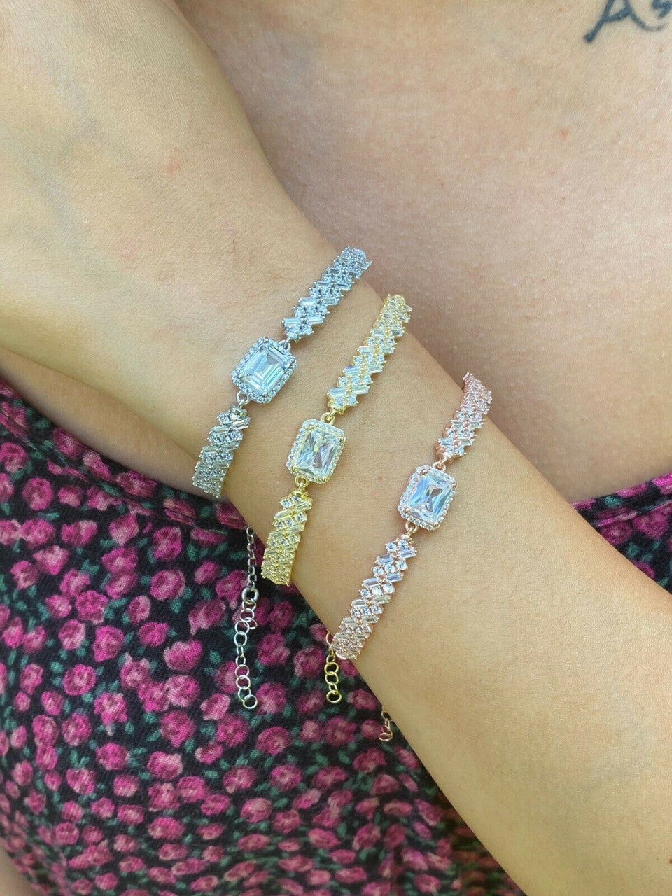 Real 925 Silver Yellow Rose Gold Emerald Cut Large CZ Baguette Crystal Bracelet