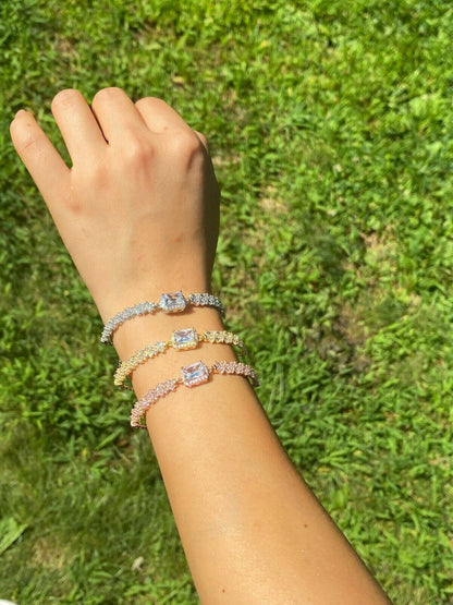 Real 925 Silver Yellow Rose Gold Emerald Cut Large CZ Baguette Crystal Bracelet