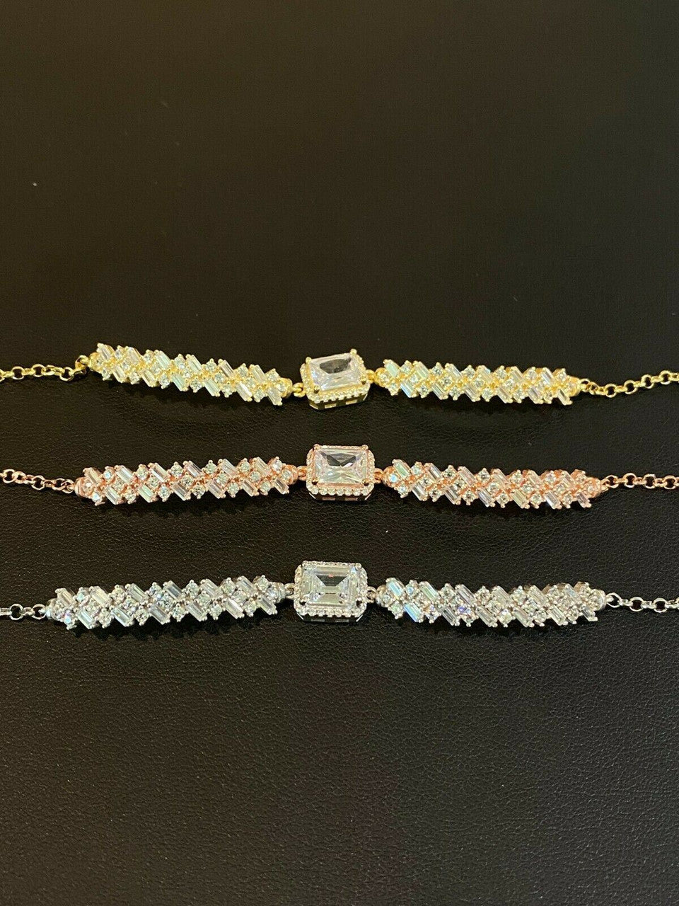 Real 925 Silver Yellow Rose Gold Emerald Cut Large CZ Baguette Crystal Bracelet