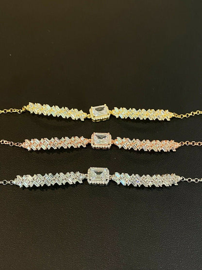 Real 925 Silver Yellow Rose Gold Emerald Cut Large CZ Baguette Crystal Bracelet